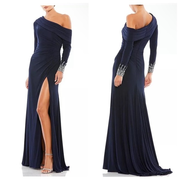 Mac Duggal Navy Blue One-Shoulder Maxi Dress - Picture 1 of 9